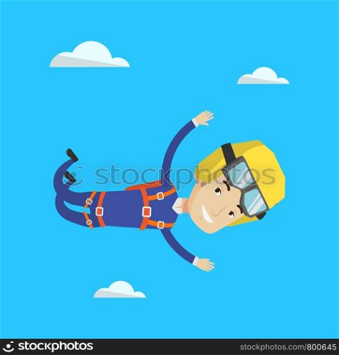 Caucasian parachutist jumping with parachute. Professional male parachutist falling through the air. Happy young man flying with parachute in clouds. Vector flat design illustration. Square layout.. Caucasian parachutist jumping with parachute.