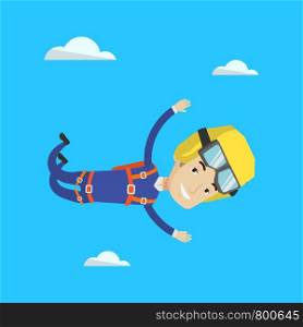 Caucasian parachutist jumping with parachute. Professional male parachutist falling through the air. Happy young man flying with parachute in clouds. Vector flat design illustration. Square layout.. Caucasian parachutist jumping with parachute.