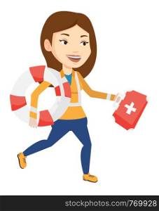 Caucasian paramedic running to patients. Paramedic running with first aid box. Emergency doctor running with first aid box and lifebuoy. Vector flat design illustration isolated on white background.. Paramedic running with first aid box.