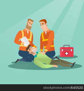 Caucasian paramedics doing cardiopulmonary resuscitation of a man. Team of young emergency doctors during process of resuscitation of an injured man. Vector flat design illustration. Square layout.. Emergency doing cardiopulmonary resuscitation