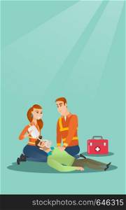 Caucasian paramedics doing cardiopulmonary resuscitation of a man. Team of young emergency doctors during process of resuscitation of an injured man. Vector flat design illustration. Vertical layout.. Emergency doing cardiopulmonary resuscitation