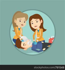 Caucasian paramedics doing cardiopulmonary resuscitation of a woman. Paramedics during process of resuscitation of injured woman. Vector flat design illustration in the circle isolated on background.. Paramedics doing cardiopulmonary resuscitation