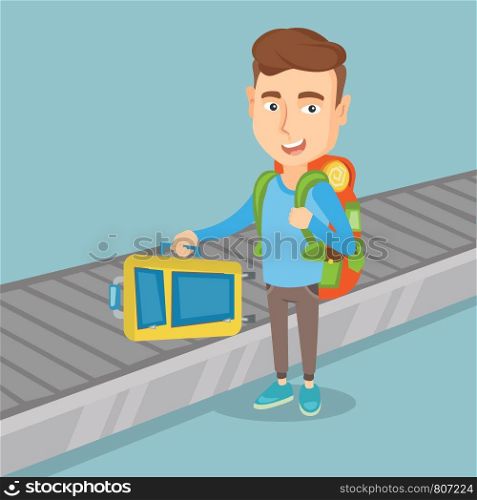 Caucasian passenger picking up suitcase on luggage conveyor belt at the airport. Young cheerful passenger taking luggage at conveyor belt. Vector flat design illustration. Square layout.. Man takes a suitcase on luggage conveyor belt.