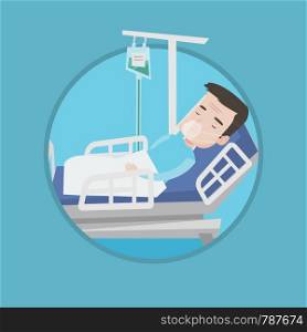 Caucasian patient during medical procedure in hospital. Patient lying in hospital bed with oxygen mask. Vector flat design illustration in the circle isolated on background.. Patient lying in hospital bed with oxygen mask.