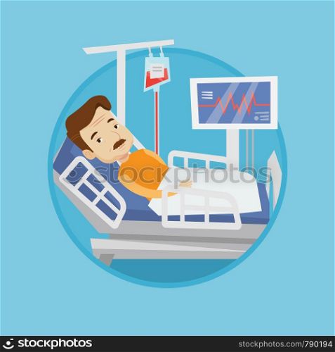 Caucasian patient lying in hospital bed with heart rate monitor. Patient during blood transfusion procedure. Vector flat design illustration in the circle isolated on background.. Man lying in hospital bed vector illustration.