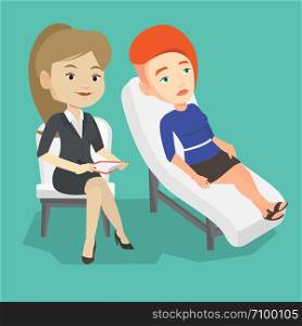 Caucasian patient lying on sofa and talking about problems with psychotherapist or psychologist. Psychologist having session with patient in depression. Vector flat design illustration. Square layout.. Psychologist having session with patient.
