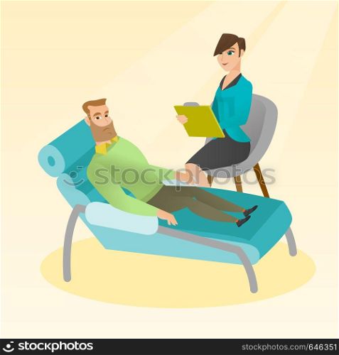 Caucasian patient lying on the sofa and talking about problems with psychotherapist or psychologist. Psychologist having session with a patient. Vector flat design illustration. Square layout.. Psychologist having session with patient.
