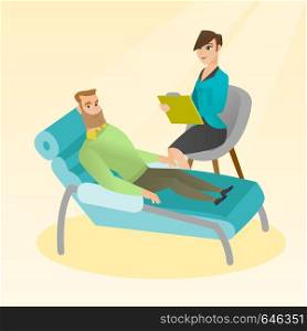 Caucasian patient lying on the sofa and talking about problems with psychotherapist or psychologist. Psychologist having session with a patient. Vector flat design illustration. Square layout.. Psychologist having session with patient.