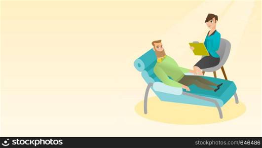 Caucasian patient lying on the sofa and talking about problems with psychotherapist or psychologist. Psychologist having session with a patient. Vector flat design illustration. Horizontal layout.. Psychologist having session with patient.