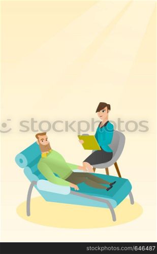 Caucasian patient lying on the sofa and talking about problems with psychotherapist or psychologist. Psychologist having session with a patient. Vector flat design illustration. Vertical layout.. Psychologist having session with patient.