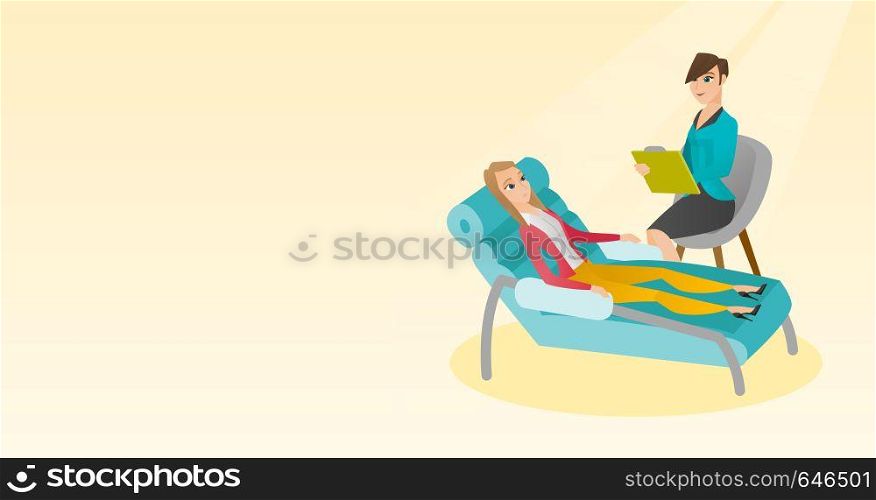 Caucasian patient lying on the sofa and talking about problems with psychotherapist or psychologist. Psychologist having session with a patient. Vector flat design illustration. Horizontal layout.. Psychologist having session with patient.