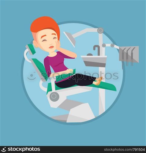 Caucasian patient visiting dentist because of toothache. Sad patient suffering from toothache. Woman having a strong toothache. Vector flat design illustration in the circle isolated on background.. Woman suffering in dental chair.
