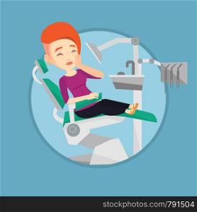 Caucasian patient visiting dentist because of toothache. Sad patient suffering from toothache. Woman having a strong toothache. Vector flat design illustration in the circle isolated on background.. Woman suffering in dental chair.