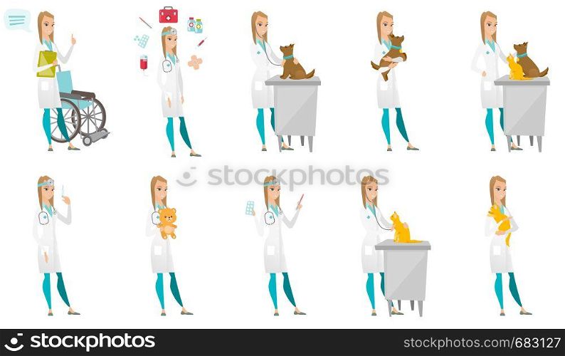 Caucasian pediatrician doctor holding teddy bear. Full length of young female pediatrician doctor in medical gown with teddy bear. Set of vector flat design illustrations isolated on white background.. Vector set of doctor characters.
