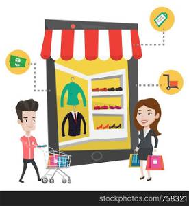 Caucasian people doing online shopping. Man and woman using mobile shopping. People shopping in store that looks like tablet computer. Vector flat design illustration isolated on white background.. Man and woman doing shopping online.