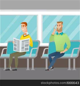 Caucasian people traveling by public transport. Man using mobile phone while traveling by public transport. Young man reading newspaper in public transport. Vector cartoon illustration. Square layout.. Caucasian people traveling by public transport.