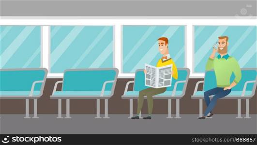 Caucasian people traveling by public transport. Man using mobile phone while traveling by public transport. Man reading newspaper in public transport. Vector cartoon illustration. Horizontal layout.. Caucasian people traveling by public transport.