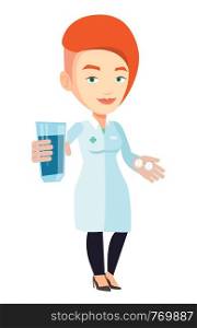 Caucasian pharmacist holding a glass of water and pills in hands. Smiling female pharmacist in medical gown. Pharmacist giving medication. Vector flat design illustration isolated on white background.. Pharmacist giving pills and glass of water.
