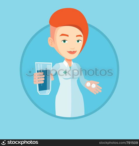 Caucasian pharmacist holding a glass of water and pills in hands. Smiling pharmacist in medical gown. Pharmacist giving medication. Vector flat design illustration in the circle isolated on background. Pharmacist giving pills and glass of water.