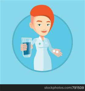 Caucasian pharmacist holding a glass of water and pills in hands. Smiling pharmacist in medical gown. Pharmacist giving medication. Vector flat design illustration in the circle isolated on background. Pharmacist giving pills and glass of water.