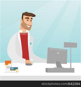 Caucasian pharmacist in a medical gown standing behind the counter in a pharmacy. Pharmacist working in the drugstore. Pharmacist working on a computer. Vector flat design illustration. Square layout.. Pharmacist at counter with cash box.