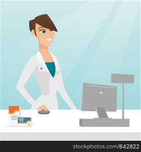 Caucasian pharmacist in a medical gown standing behind the counter in a pharmacy. Pharmacist working in a drugstore. Pharmacist working on a computer. Vector flat design illustration. Square layout.. Pharmacist at counter with cash box.
