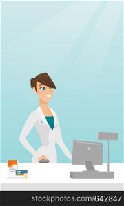 Caucasian pharmacist in a medical gown standing behind the counter in a pharmacy. Pharmacist working in a drugstore. Pharmacist working on a computer. Vector flat design illustration. Vertical layout.. Pharmacist at counter with cash box.