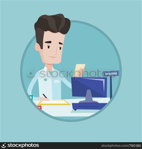 Caucasian pharmacist standing at the pharmacy counter with prescription and writing on clipboard. Pharmacist reading prescription. Vector flat design illustration in the circle isolated on background.. Pharmacist writing prescription.