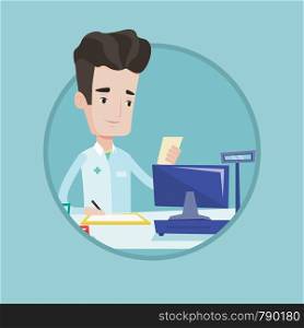 Caucasian pharmacist standing at the pharmacy counter with prescription and writing on clipboard. Pharmacist reading prescription. Vector flat design illustration in the circle isolated on background.. Pharmacist writing prescription.