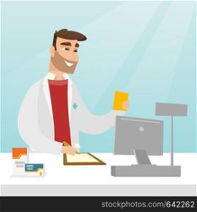 Caucasian pharmacist writing notes and holding a prescription. Pharmacist in medical gown standing behind the counter. Pharmacist reading a prescription. Vector flat design illustration. Square layout. Pharmacist writing a prescription.