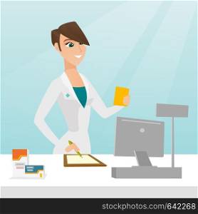 Caucasian pharmacist writing notes and holding a prescription. Pharmacist in medical gown standing behind the counter. Pharmacist reading a prescription. Vector flat design illustration. Square layout. Pharmacist writing prescription.