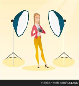 Caucasian photographer holding a camera in a photo studio. Photographer using a professional camera in a studio. Young photographer taking a photo. Vector flat design illustration. Square layout.. Photographer with a camera in a photo studio.