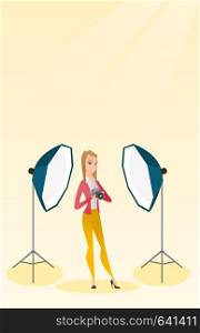 Caucasian photographer holding a camera in a photo studio. Photographer using a professional camera in a studio. Young photographer taking a photo. Vector flat design illustration. Vertical layout.. Photographer with a camera in a photo studio.