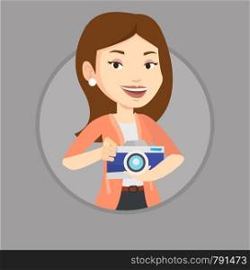 Caucasian photographer holding camera in photo studio. Photographer using camera in the studio. Young photographer taking a photo. Vector flat design illustration in the circle isolated on background.. Photographer with camera in photo studio.