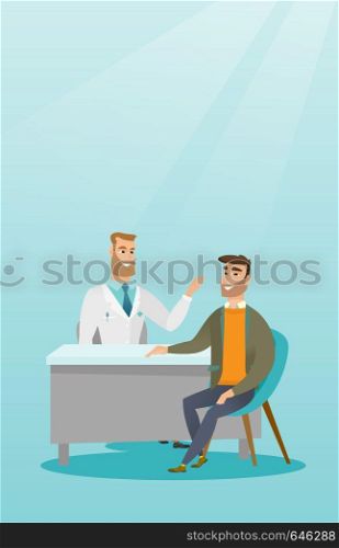 Caucasian physician consulting patient in the office. Physician talking to a patient. Physician communicating with a patient about state of his health. Vector flat design illustration. Vertical layout. Physician consulting male patient in office.