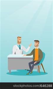 Caucasian physician consulting patient in the office. Physician talking to a patient. Physician communicating with a patient about state of his health. Vector flat design illustration. Vertical layout. Physician consulting male patient in office.