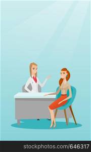 Caucasian physician consulting patient in the office. Physician talking to a patient. Physician communicating with a patient about state of her health. Vector flat design illustration. Vertical layout. Doctor consulting female patient in office.