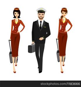 Caucasian Pilot and two flight attendants in the uniform of walking.Aircrew with suitcases. Isolated on white background, vector illustration. Caucasian Pilot and two flight attendants in the uniform of walk