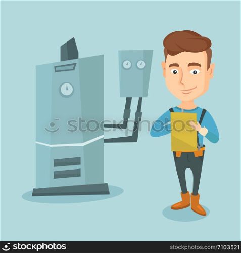 Caucasian plumber making some notes in his clipboard. Plumber inspecting heating system in boiler room. Friendly plumber in overalls at work. Vector flat design illustration. Square layout.. Confident plumber with clipboard.