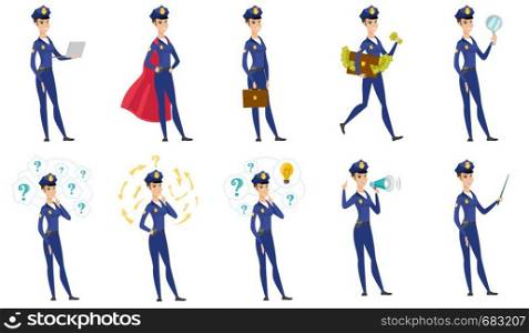 Caucasian police woman superhero in red cloak. Police woman wearing red superhero cloak. Young police woman dressed as superhero. Set of vector flat design illustrations isolated on white background.. Vector set of police woman characters.