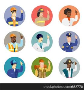 Caucasian policeman with open mouth pointing finger up. Young policeman with open mouth came up with successful idea. Set of vector flat design illustrations in the circle isolated on white background. Vector set of characters of different professions.