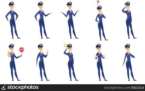 Caucasian policewoman showing stop hand gesture. Young policewoman doing stop gesture. Serious policewoman with a stop gesture. Set of vector flat design illustrations isolated on white background.. Vector set of police woman characters.