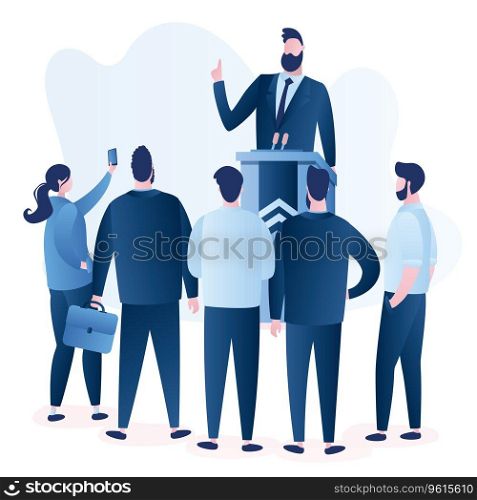 Caucasian Politician speaking. Male speaker giving speech from tribune with microphones and group of people listens to politics. Human characters isolated on white background. Vector trendy illustration