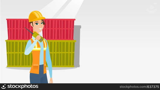 Caucasian port worker in hard hat talking on wireless radio. Port worker standing on cargo containers background. Port worker using wireless radio. Vector flat design illustration. Horizontal layout.. Port worker talking on wireless radio.