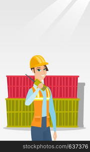 Caucasian port worker in hard hat talking on wireless radio. Port worker standing on cargo containers background. Port worker using wireless radio. Vector flat design illustration. Vertical layout.. Port worker talking on wireless radio.