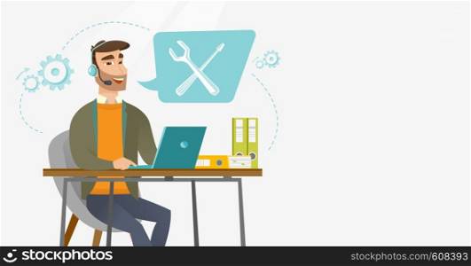 Caucasian professional operator of technical support working on computer. Hipster operator of technical support at work. Technical support concept. Vector flat design illustration. Horizontal layout.. Technical support operator vector illustration.