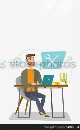 Caucasian professional operator of technical support working on computer. Hipster operator of technical support at work. Concept of technical support. Vector flat design illustration. Vertical layout.. Technical support operator vector illustration.