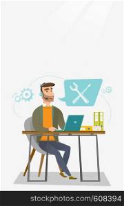 Caucasian professional operator of technical support working on computer. Hipster operator of technical support at work. Concept of technical support. Vector flat design illustration. Vertical layout.. Technical support operator vector illustration.