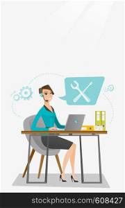 Caucasian professional operator of technical support working on computer. Young operator of technical support at work. Concept of technical support. Vector flat design illustration. Vertical layout.. Technical support operator vector illustration.