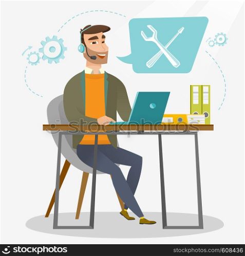 Caucasian professional operator of technical support working on computer. Hipster operator of technical support at work. Concept of technical support. Vector flat design illustration. Square layout.. Technical support operator vector illustration.